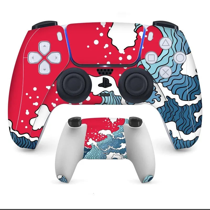PS5 controller with anti-scratch handle stickers applied, showing micro frosted PVC texture.