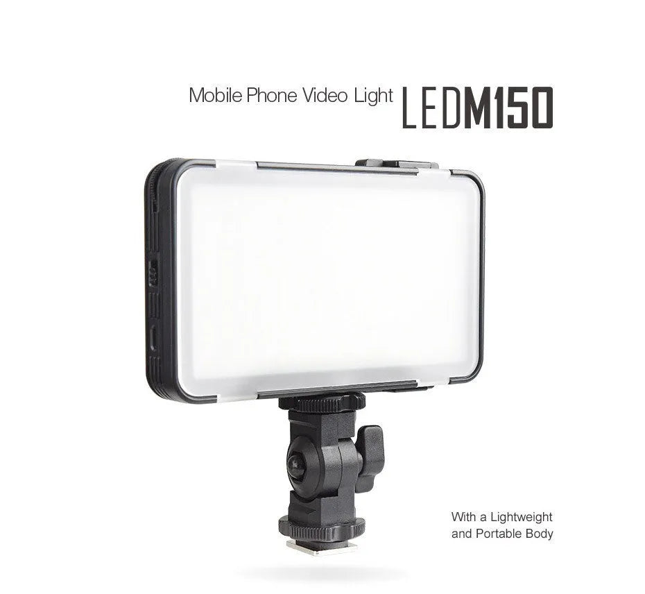 Shenniu M150 ultra-thin LED video light for mobile phones showing slim 20mm profile and LED array