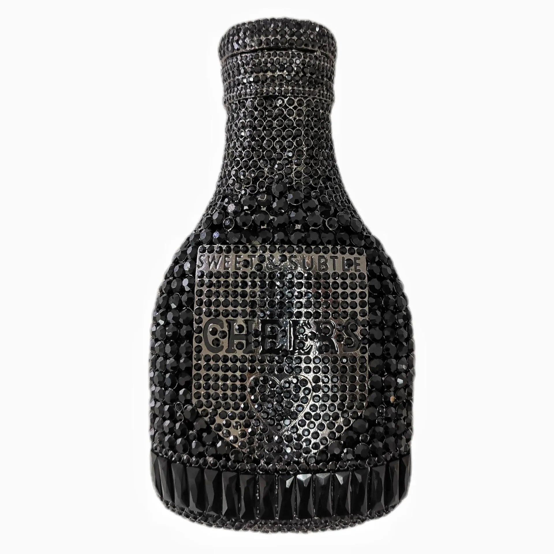 Gold champagne bottle shaped evening clutch with alloy frame measuring 20cm tall