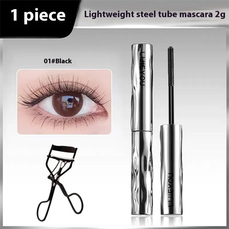 Waterproof mascara in steel tube with black and brown colour options and optional eyelash curler