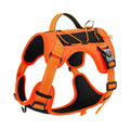 Reflective orange dog harness with black hand holding rope and explosion-proof breast strap.