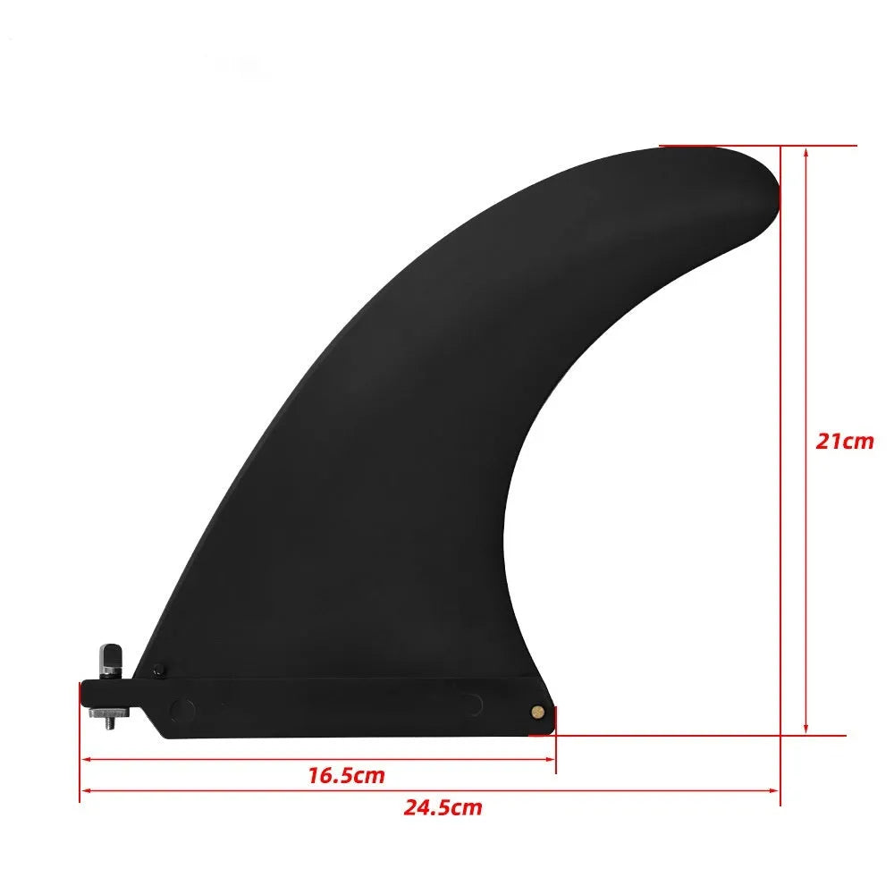 SUP paddle with large removable fish fins showing screw attachment mechanism