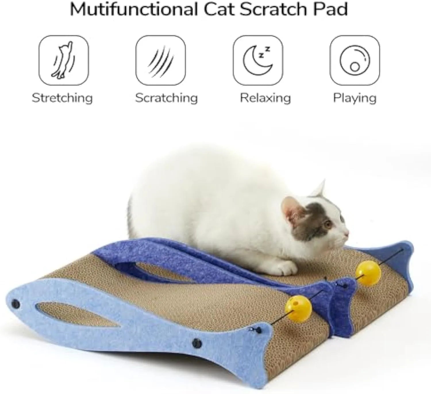 Blue fish-shaped cardboard cat scratcher lounger with a red bell ball toy on an elastic cord.