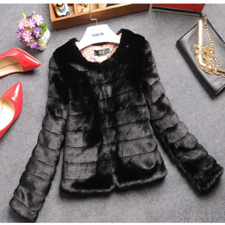 Women's short-sleeve faux fur tunic top in rabbit fur texture, shown in beige colour.