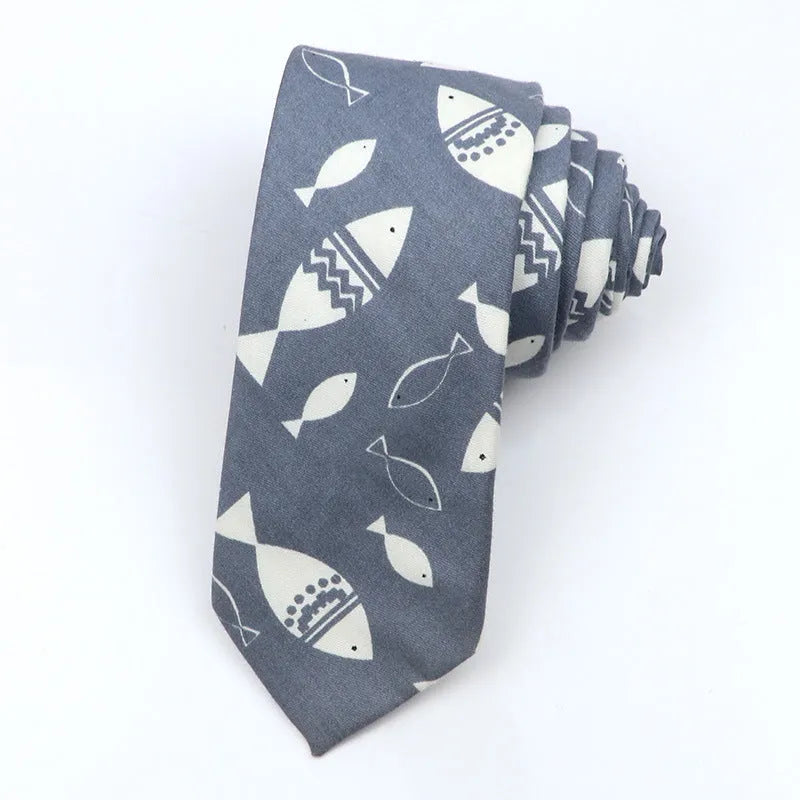 Narrow Korean style cotton bow tie with cartoon print pattern in various colour options