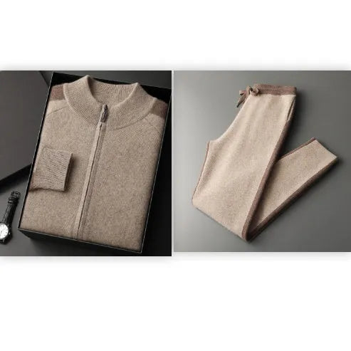 Men's cashmere blend cardigan suit with half turtleneck zip and matching trousers in winter colours
