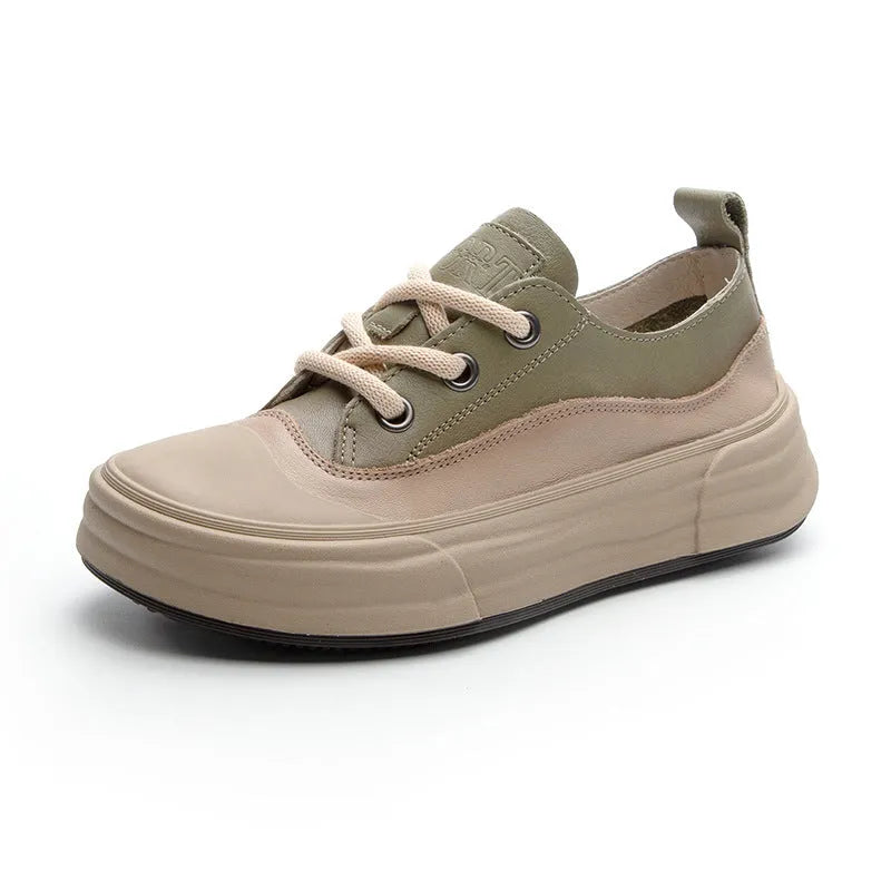 Women's matcha green leather platform sneakers with round toe and lace-up front.
