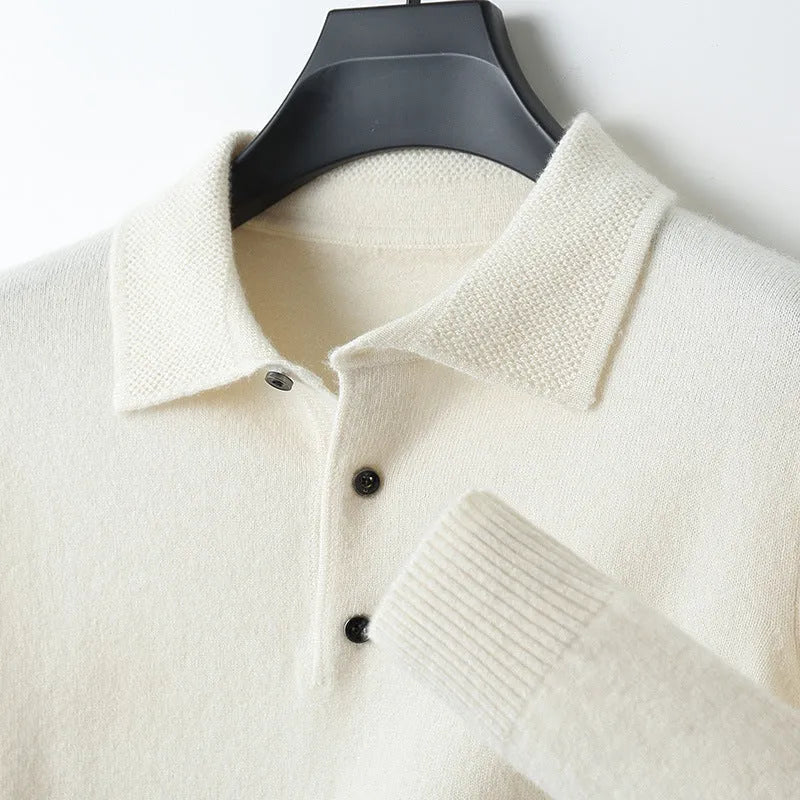 Men's grey wool pullover sweater with a polo collar and long sleeves on a hanger