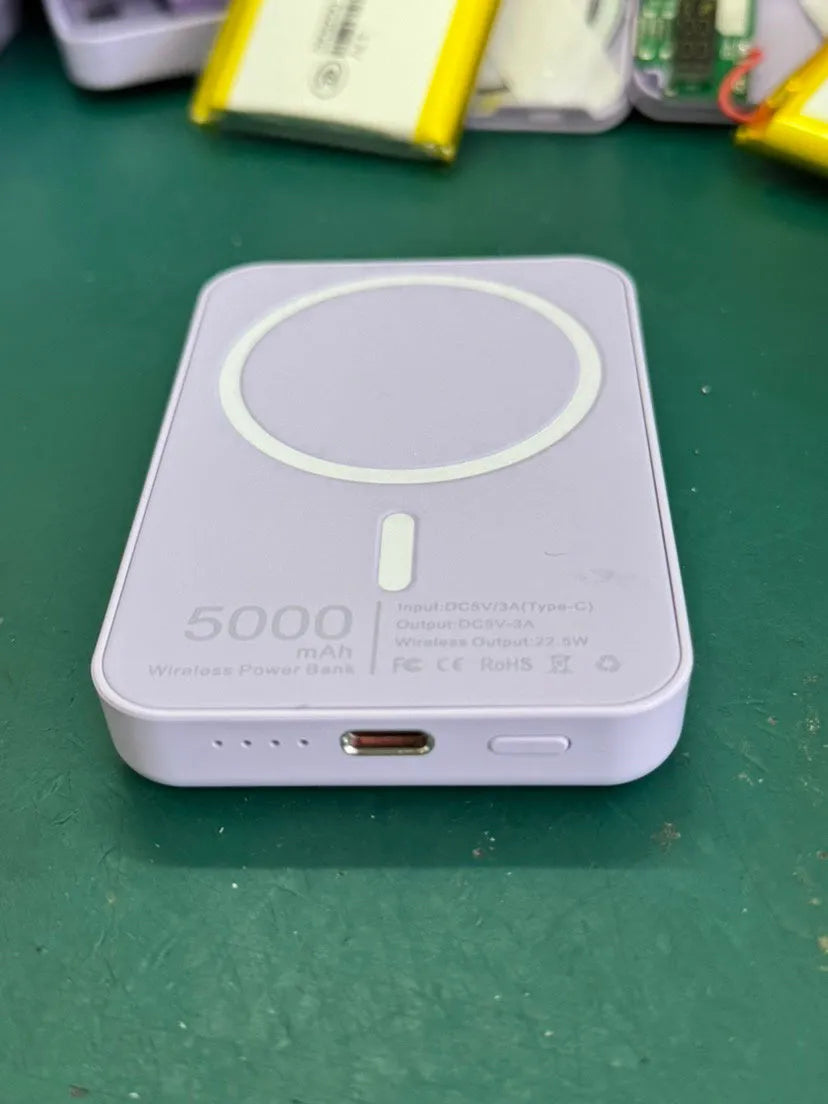 White magnetic wireless charger power bank with 5000mAh capacity and USB-C port