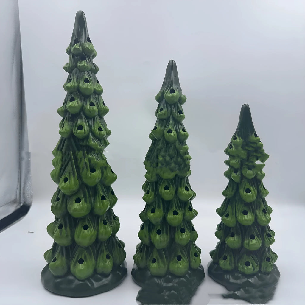 Set of European-style resin Christmas tree ornament decorations in warm and coloured light variants.