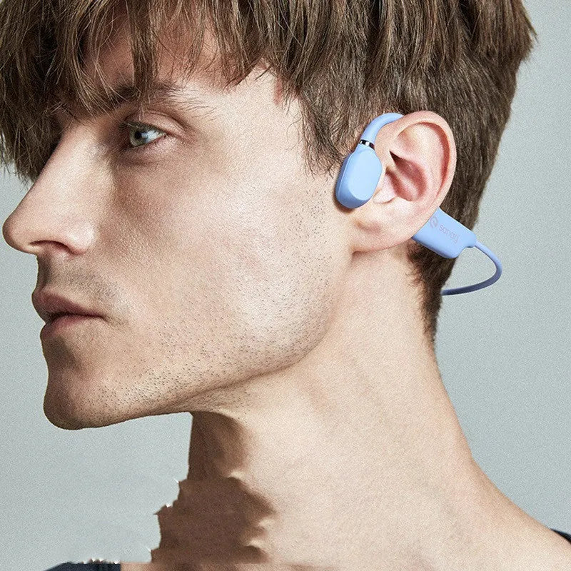 Bone conduction Bluetooth sports headset in hanging neck design on a person running.