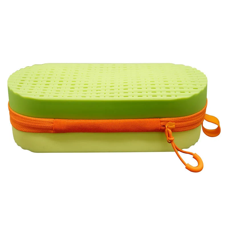 A rectangular silicone glasses case in rose red light purple, showing its slim 200mm x 80mm x 50mm profile.
