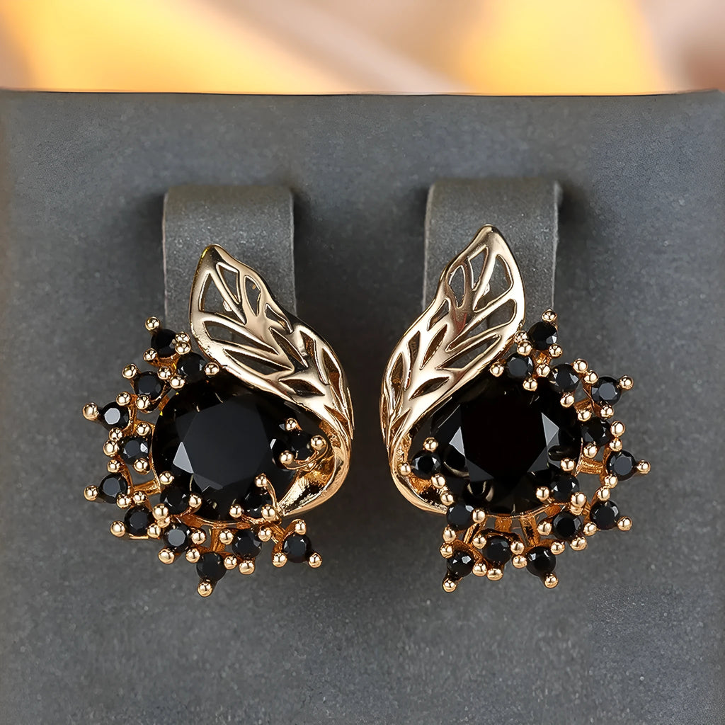 Round flower feather zircon drop earrings in champagne gold with six colour options