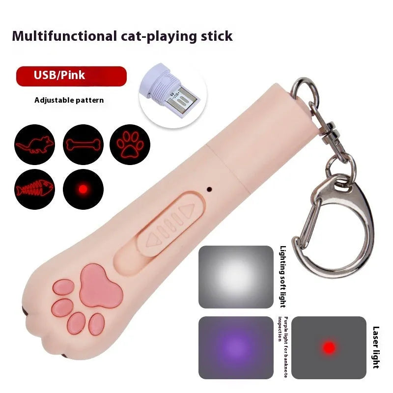 Colourful plastic cat tease wand with laser patterns and removable footprint tip for indoor pet play
