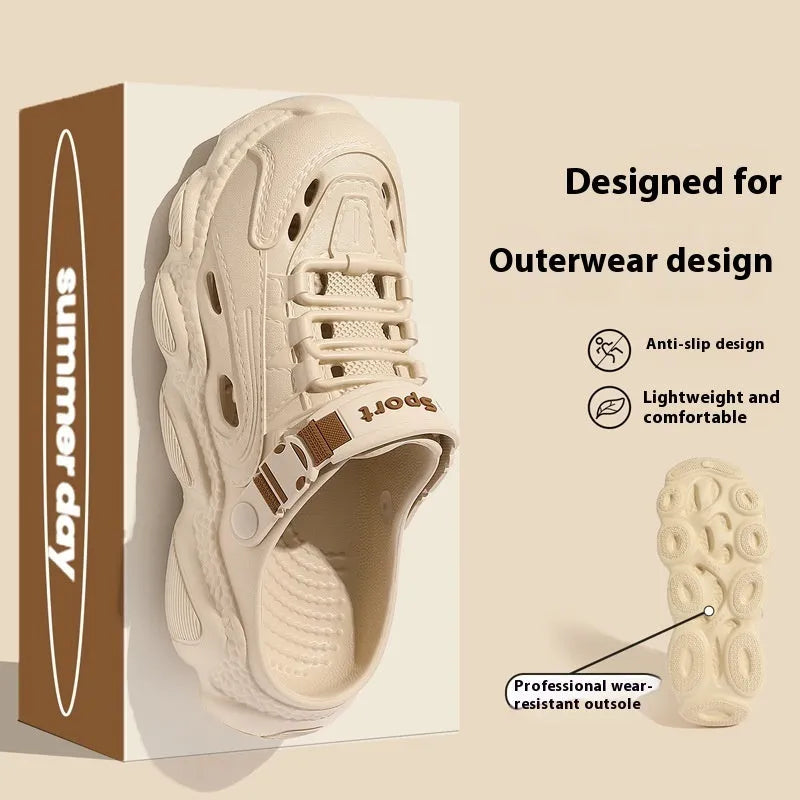 Men's khaki summer outdoor slippers with hollow-out breathable design and non-slip EVA sole
