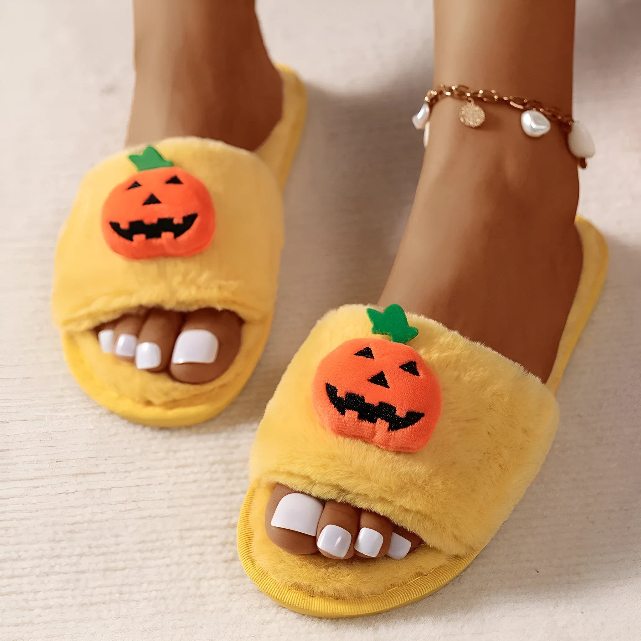 Pumpkin cartoon plush open toe slippers in white and yellow colours with synthetic fur upper