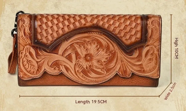 Women's brown tri-fold leather wallet with embossed Chinese floral pattern showing multiple compartments