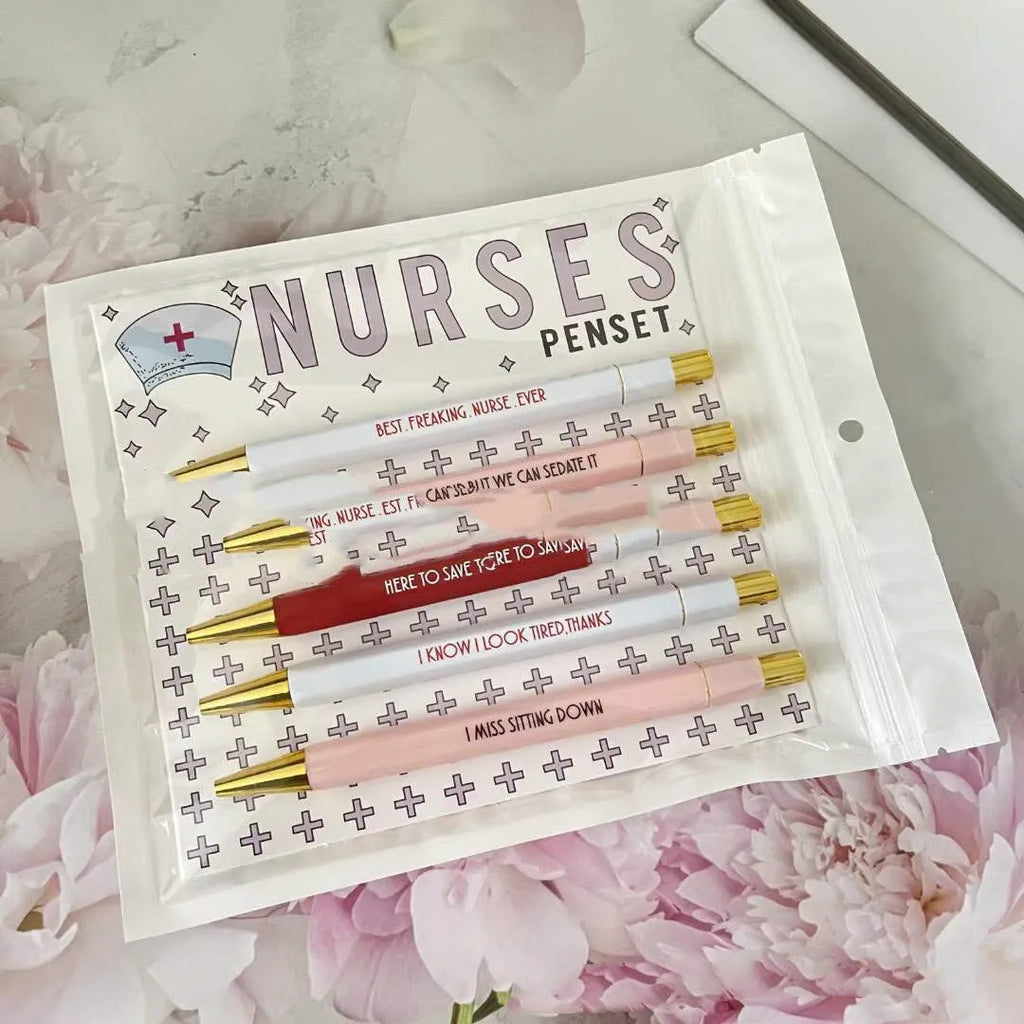 Set of five retractable ballpoint pens with funny nurse-themed graphics and copywriting.