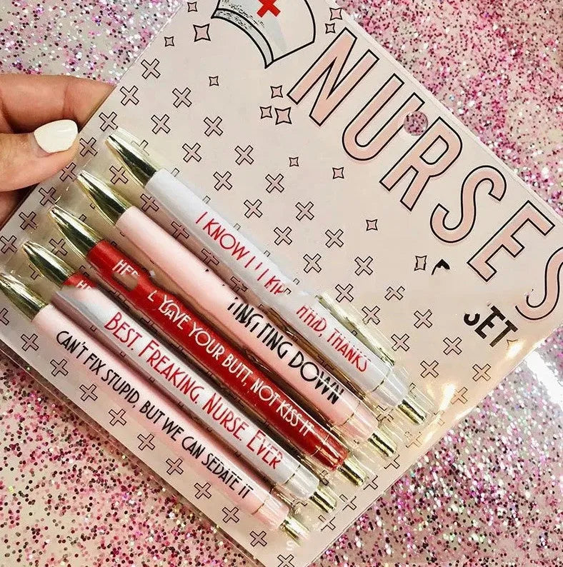 Set of five retractable ballpoint pens with funny nurse-themed graphics and copywriting.