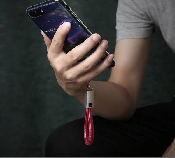 Short 20cm leather-finish USB charging cable with Apple Lightning connector in three colour options