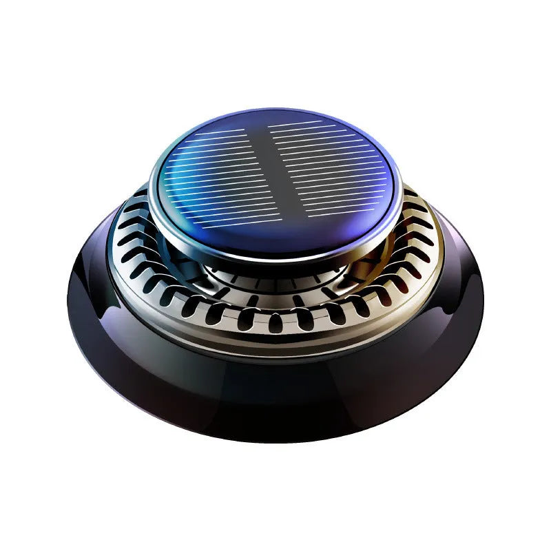 Black plastic solar-powered car aromatherapy decoration and de-icing device, dimensions 84x84x33mm.
