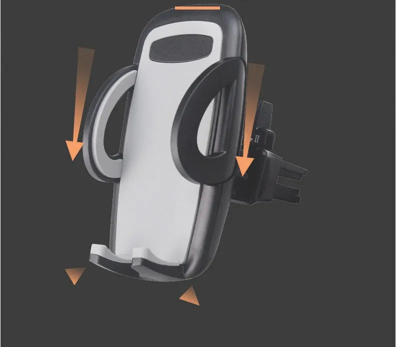 Black plastic car vent mobile phone holder with adjustable arms for universal device compatibility