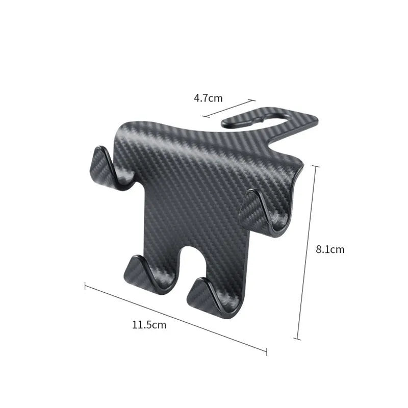 Black carbon fibre style car hook with integrated phone bracket measuring 11.5 by 8.1 by 4.7 centimetres