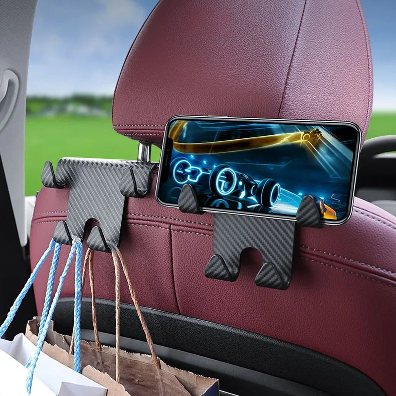 Black carbon fibre style car hook with integrated phone bracket measuring 11.5 by 8.1 by 4.7 centimetres