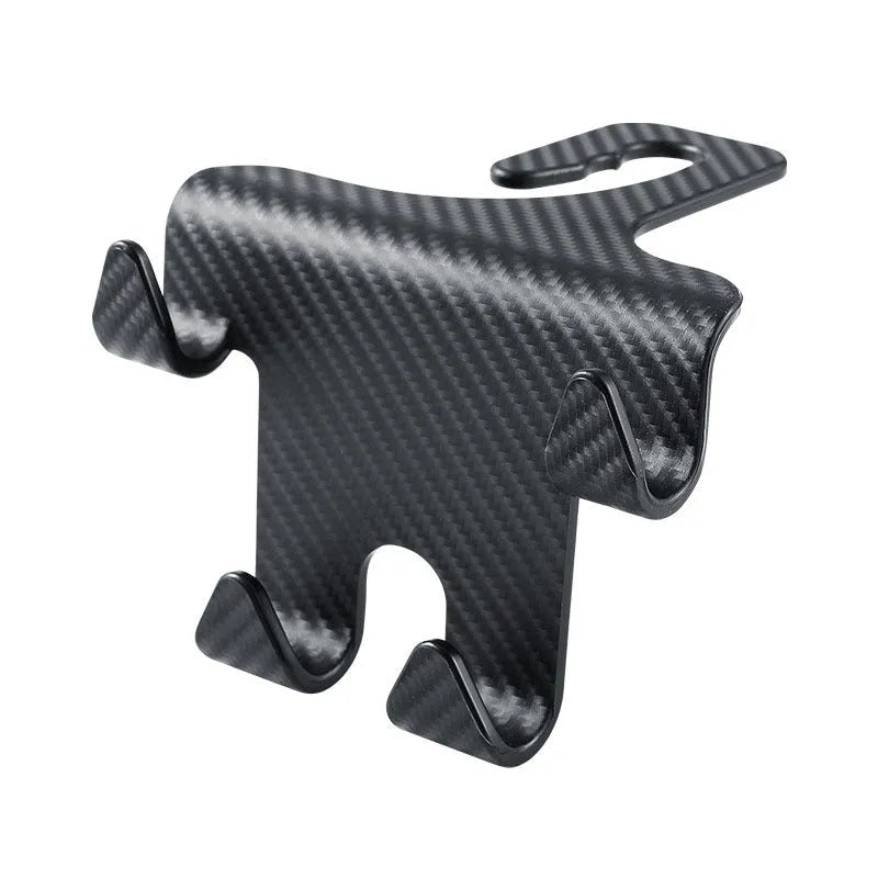Black carbon fibre style car hook with integrated phone bracket measuring 11.5 by 8.1 by 4.7 centimetres