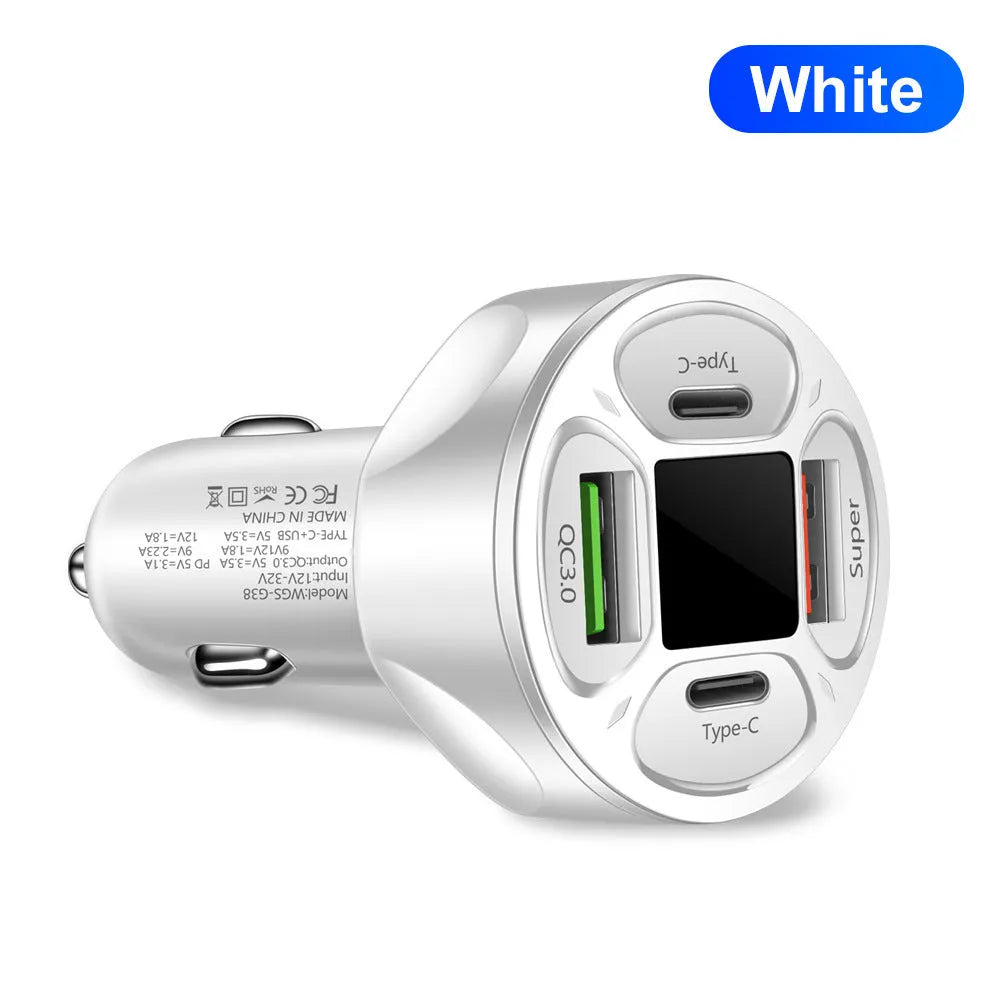 66W car charger with digital display showing 2 USB ports and 2 Type-C ports for vehicle charging