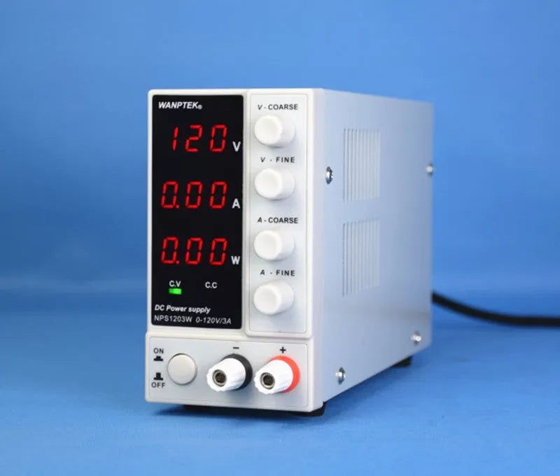 White S605W adjustable laboratory DC power supply with voltage and current control dials.