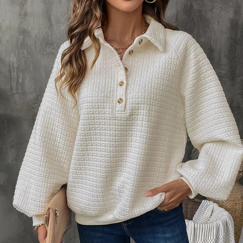Women's milky white beige polo collar pullover sweater made of thickened polyester fabric