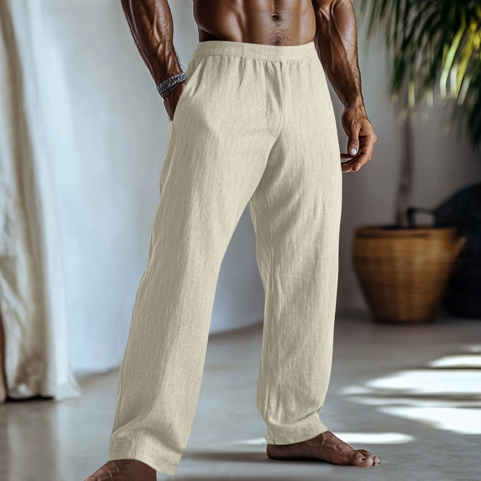Cotton and linen straight leg casual trousers with pockets in light green colour