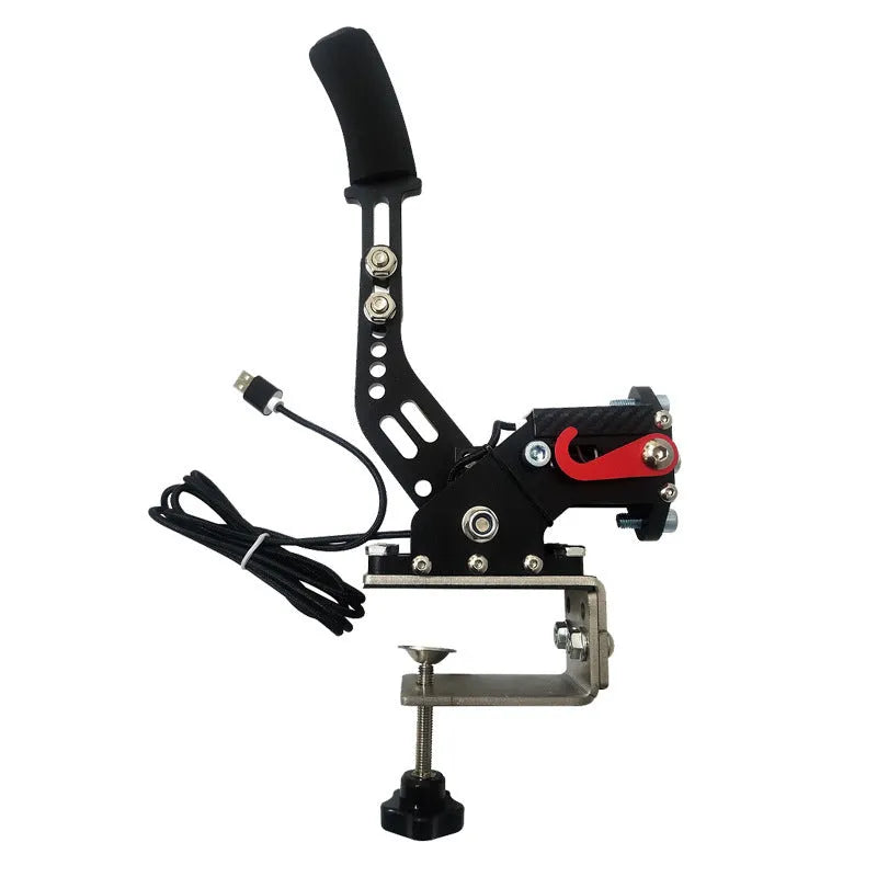 Black USB linear handbrake with aluminium mount for PC racing games next to a steering wheel.