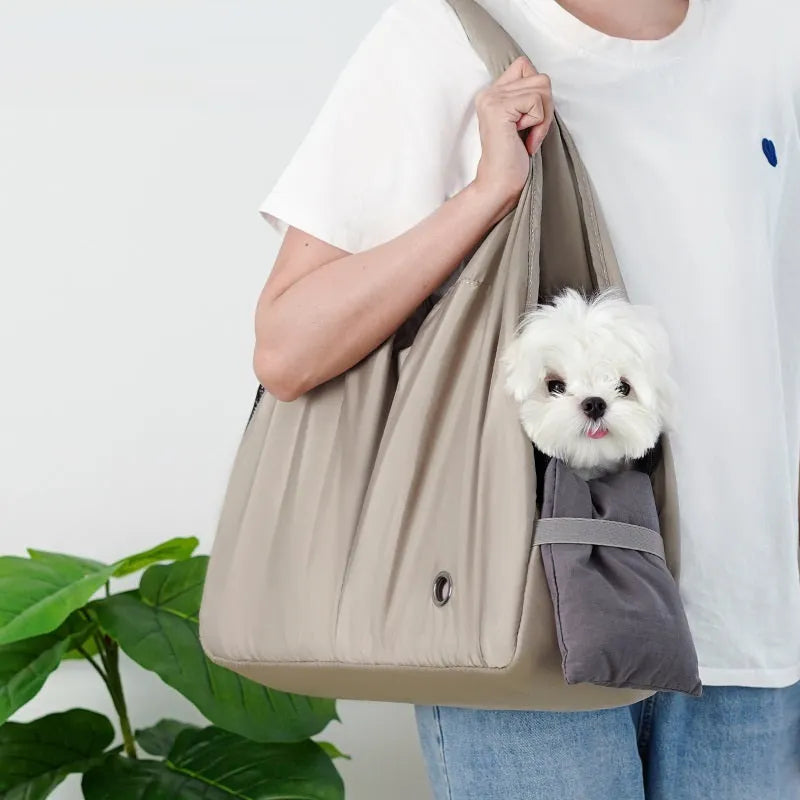 Apricot cloth pet handbag carrier with dimensions 41x16x28cm for small animal transport