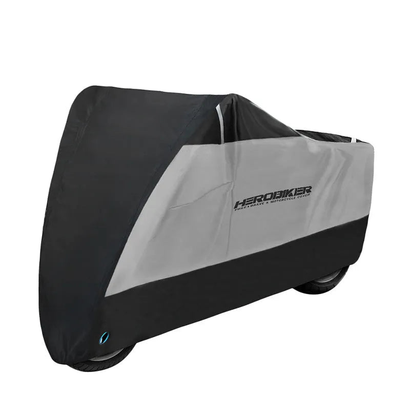 Black polyester motorcycle rain cover shown fitted on an electric bike.