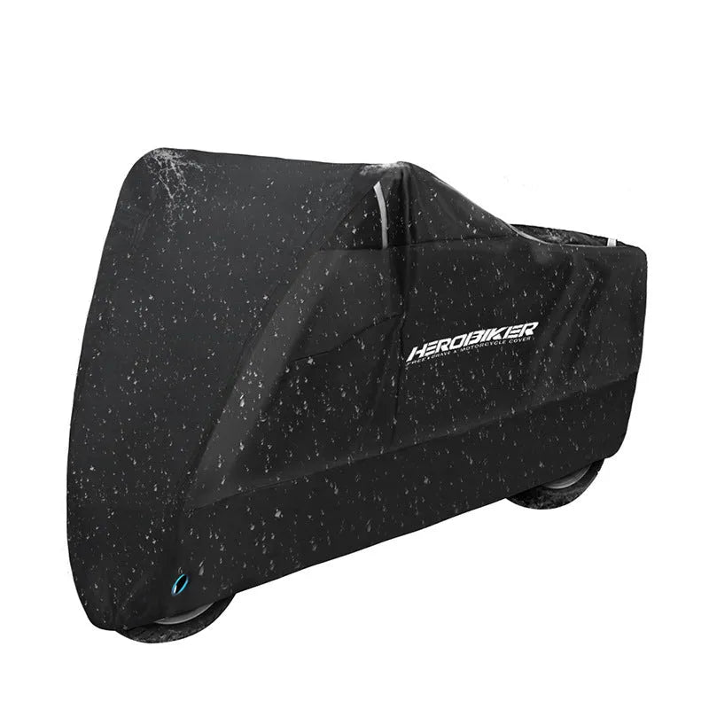 Black polyester motorcycle rain cover shown fitted on an electric bike.