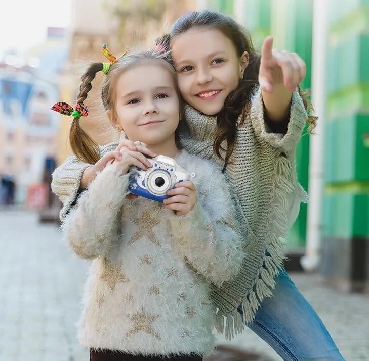 HD cartoon digital camera for children in blue or orange, shown with lanyard.