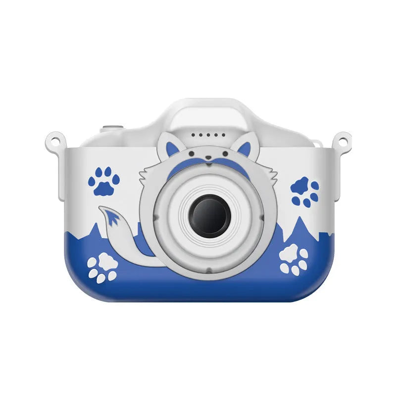 HD cartoon digital camera for children in blue or orange, shown with lanyard.