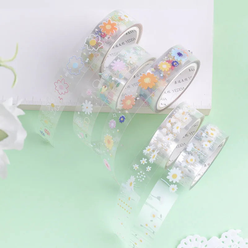 Transparent adhesive tape with midsummer daisy cartoon design on 5 rolls showing 1.5cm width