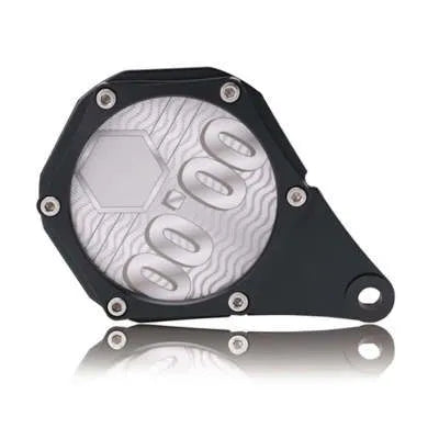 Black carbon fibre pattern motorcycle fuel cap seal with aluminium alloy construction and anti-theft screw