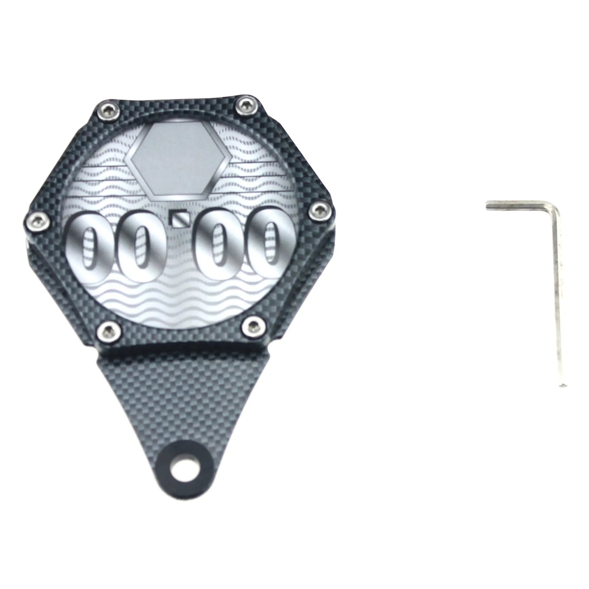 Black carbon fibre pattern motorcycle fuel cap seal with aluminium alloy construction and anti-theft screw