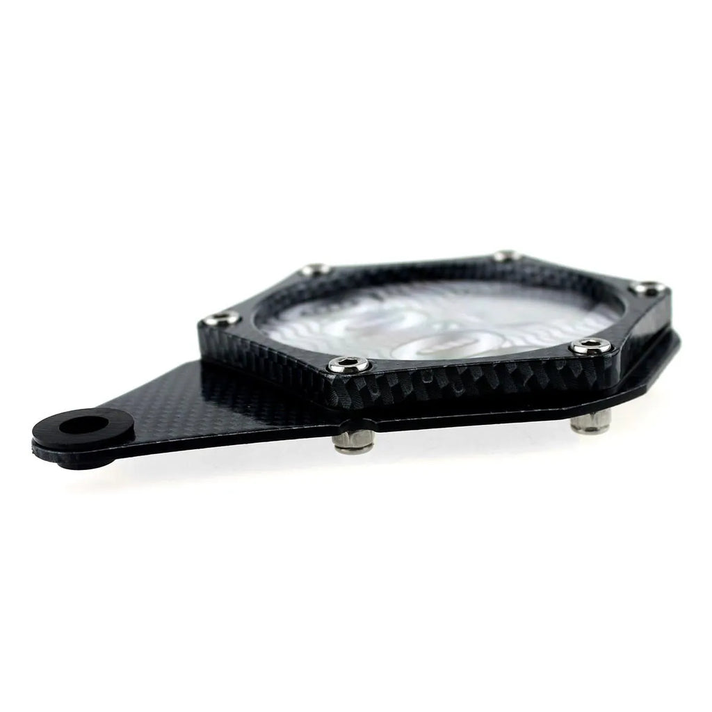 Black carbon fibre pattern motorcycle fuel cap seal with aluminium alloy construction and anti-theft screw