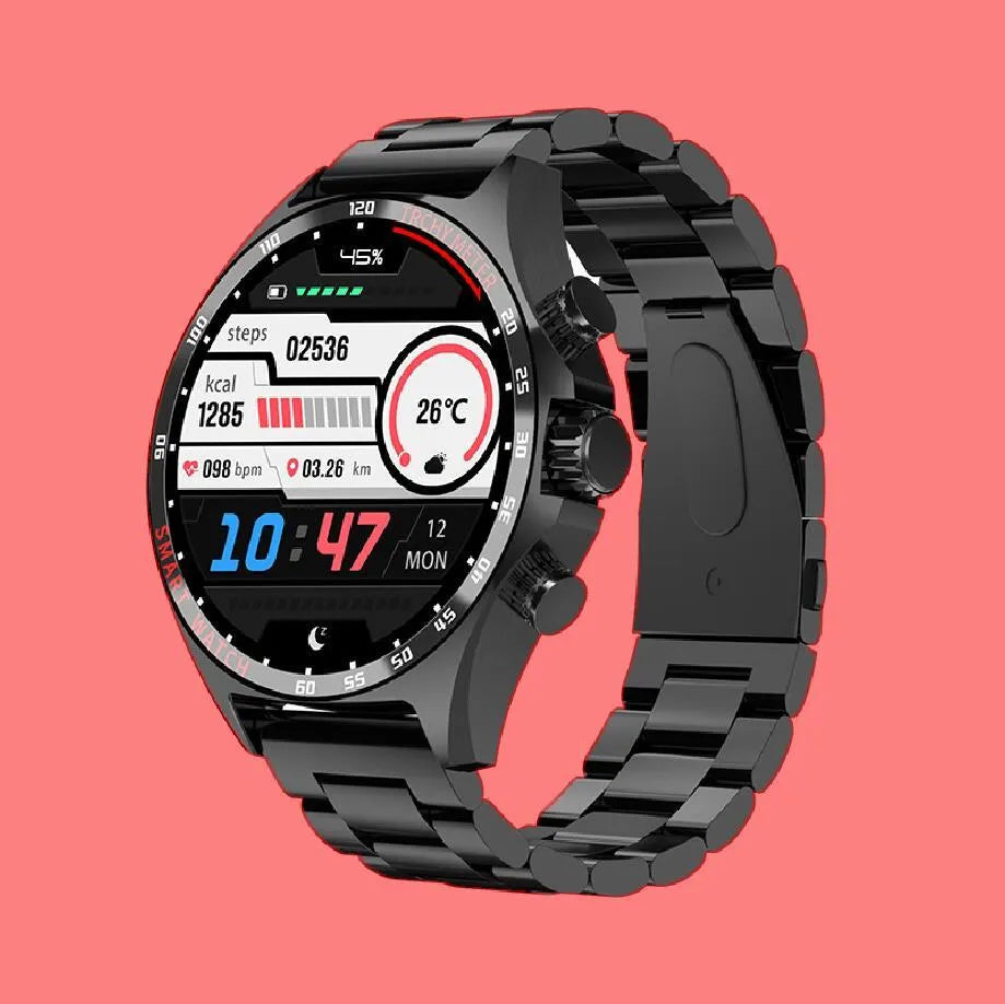 Smart watch with health monitoring display showing heart rate and blood oxygen readings