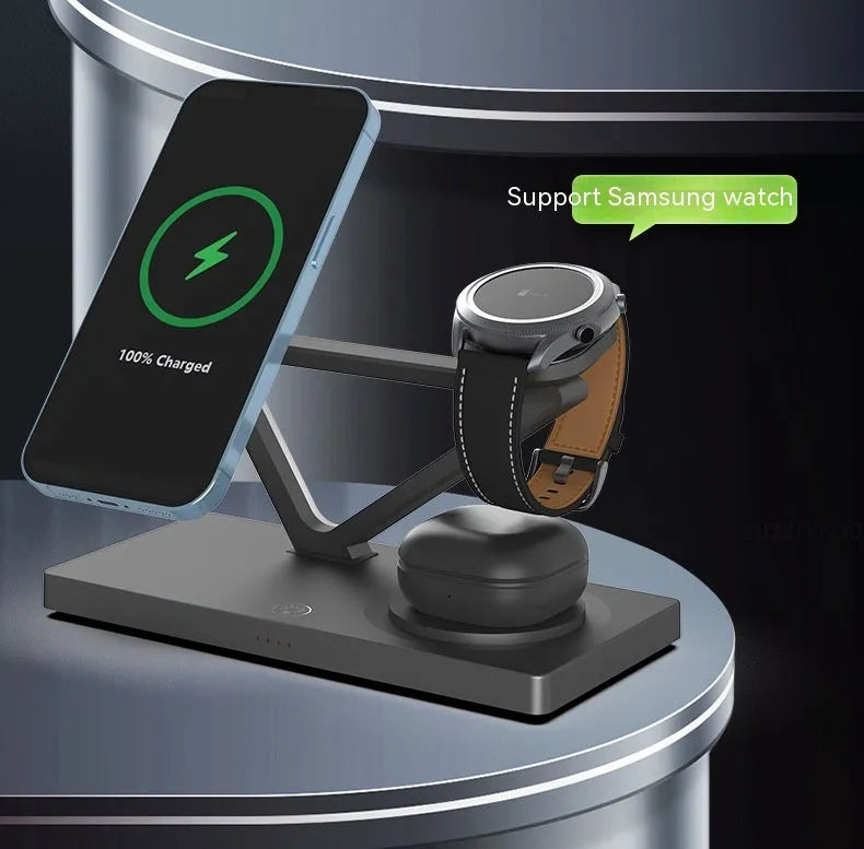 Five-in-one wireless charging night lamp in black showing magnetic phone bracket, circular charging base, and dedicated watch charging position