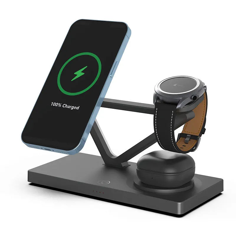 Five-in-one wireless charging night lamp in black showing magnetic phone bracket, circular charging base, and dedicated watch charging position
