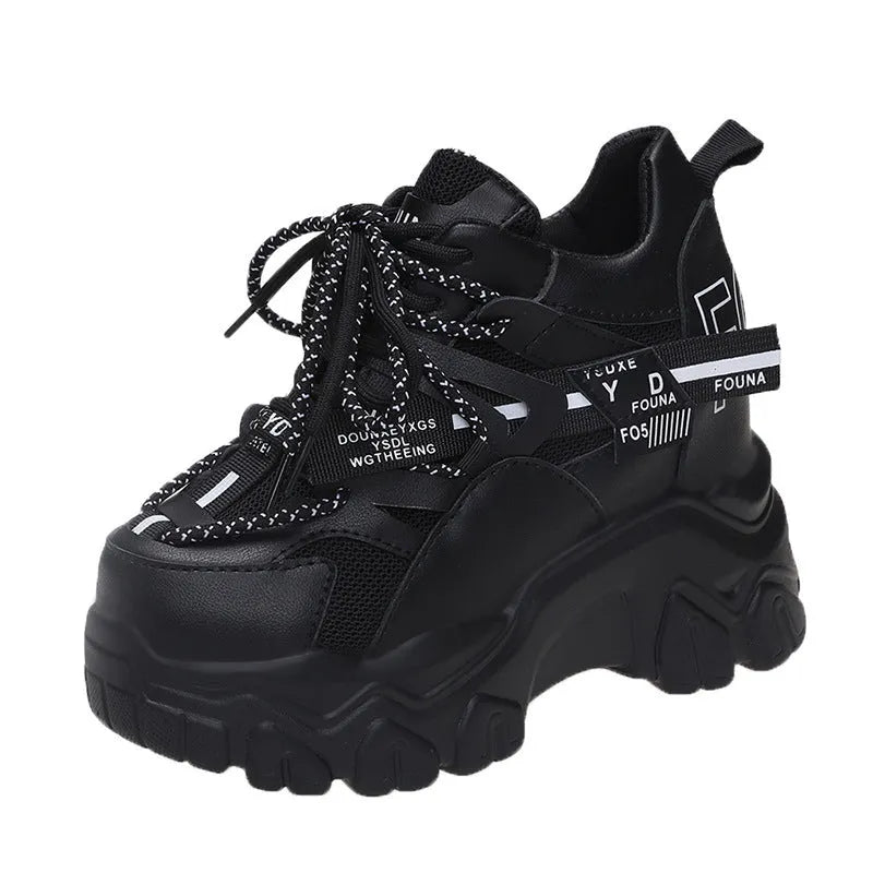 White women's platform tennis shoes with mesh upper and cross strap design