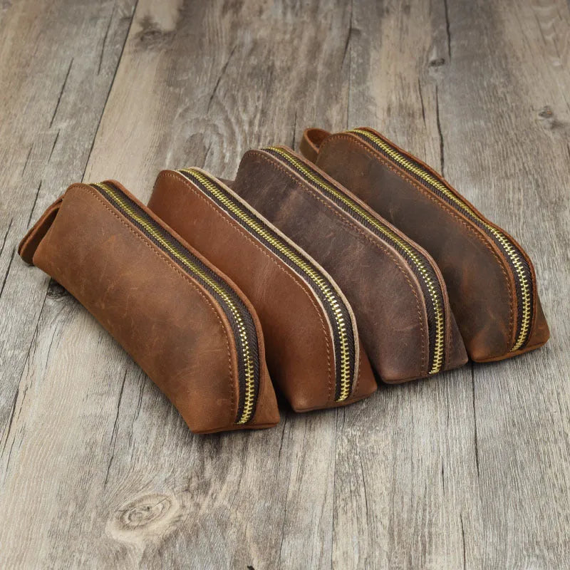 Genuine cowhide leather pencil case with square 18cm x 6cm dimensions and zipper closure