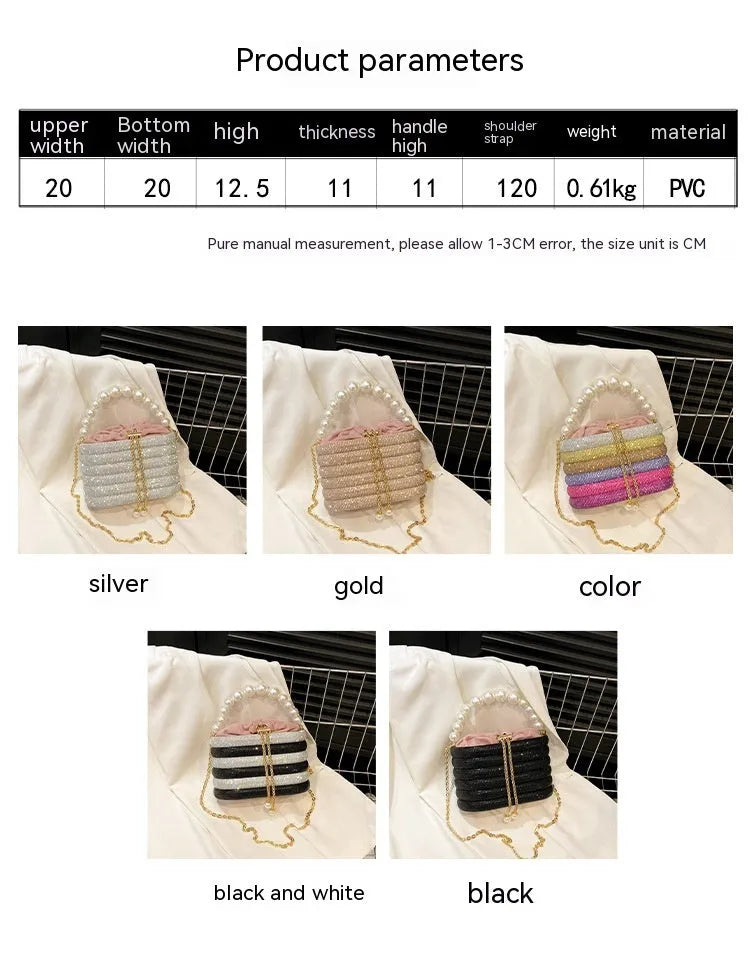 Retro style women's crossbody bag with pearl beading decoration and round shape
