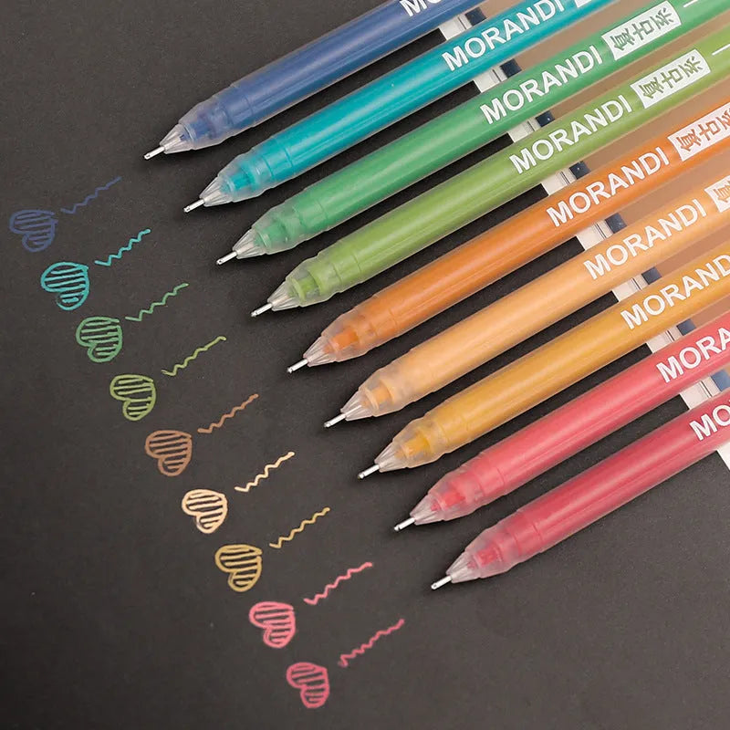Retro style gel pen set with nine 0.5mm needle tip pens in plastic case measuring 15.2x8.5cm